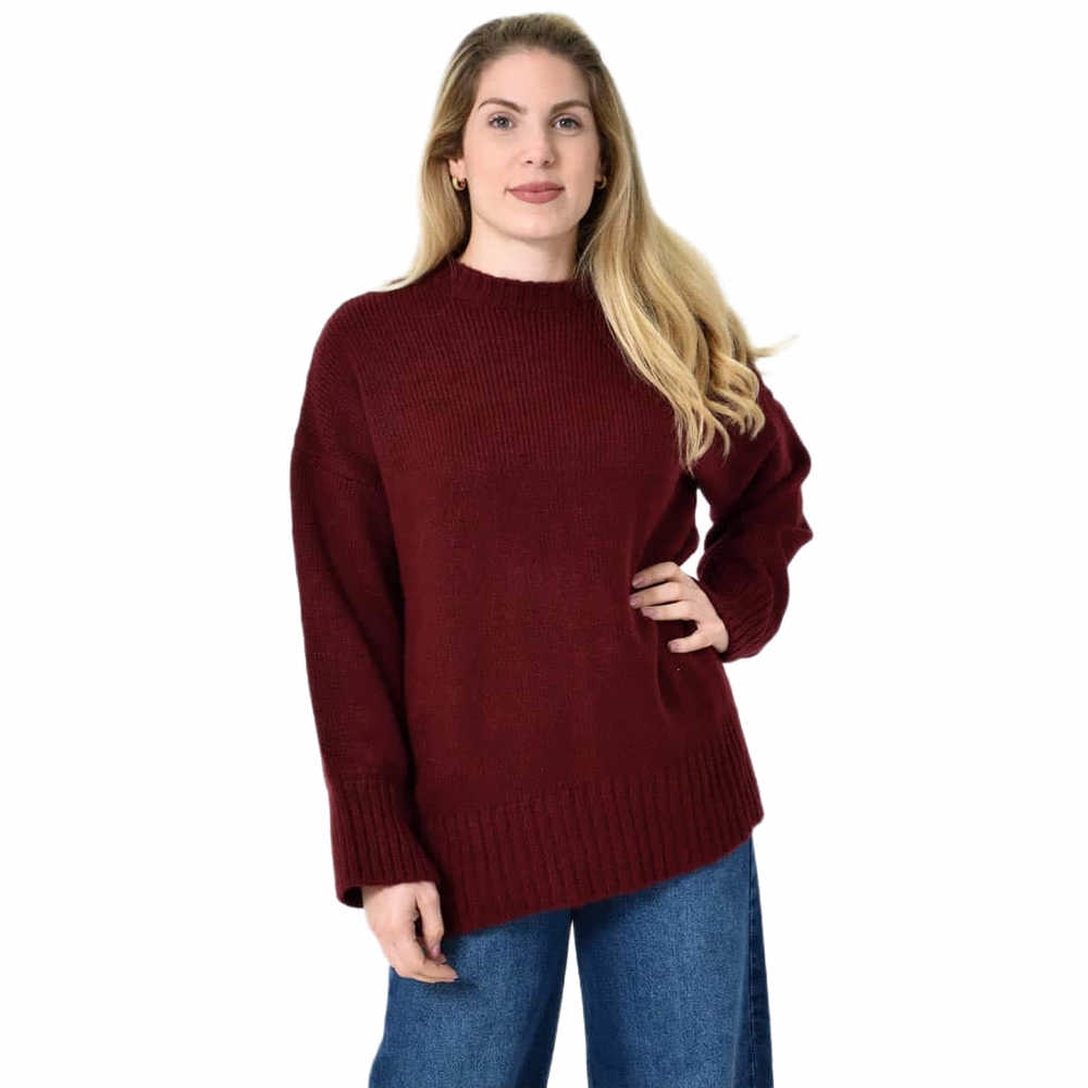 Oversized Πλεκτή Μπλούζα με Στρογγυλή Λαιμόκοψη & Ριμπ Λεπτομέρειες Μπορντώ 27298