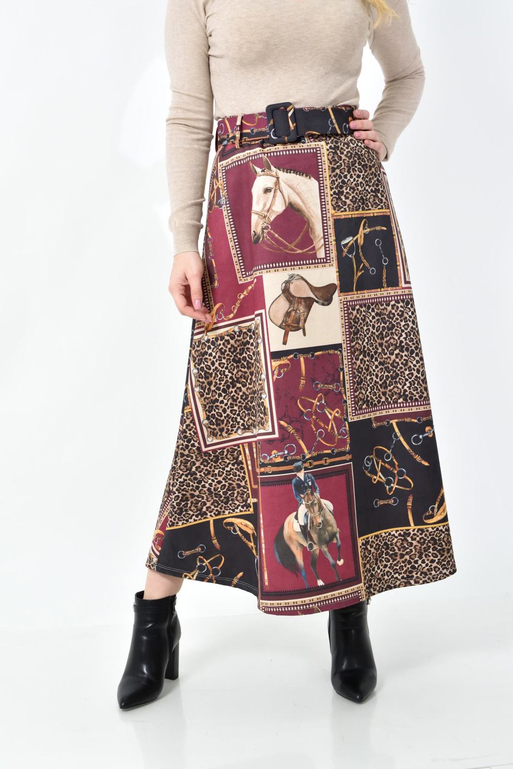 Ψηλόμεση Midi Φούστα Εβαζέ με Ασορτί Ζώνη Μπορντώ 27253 φωτογραφία