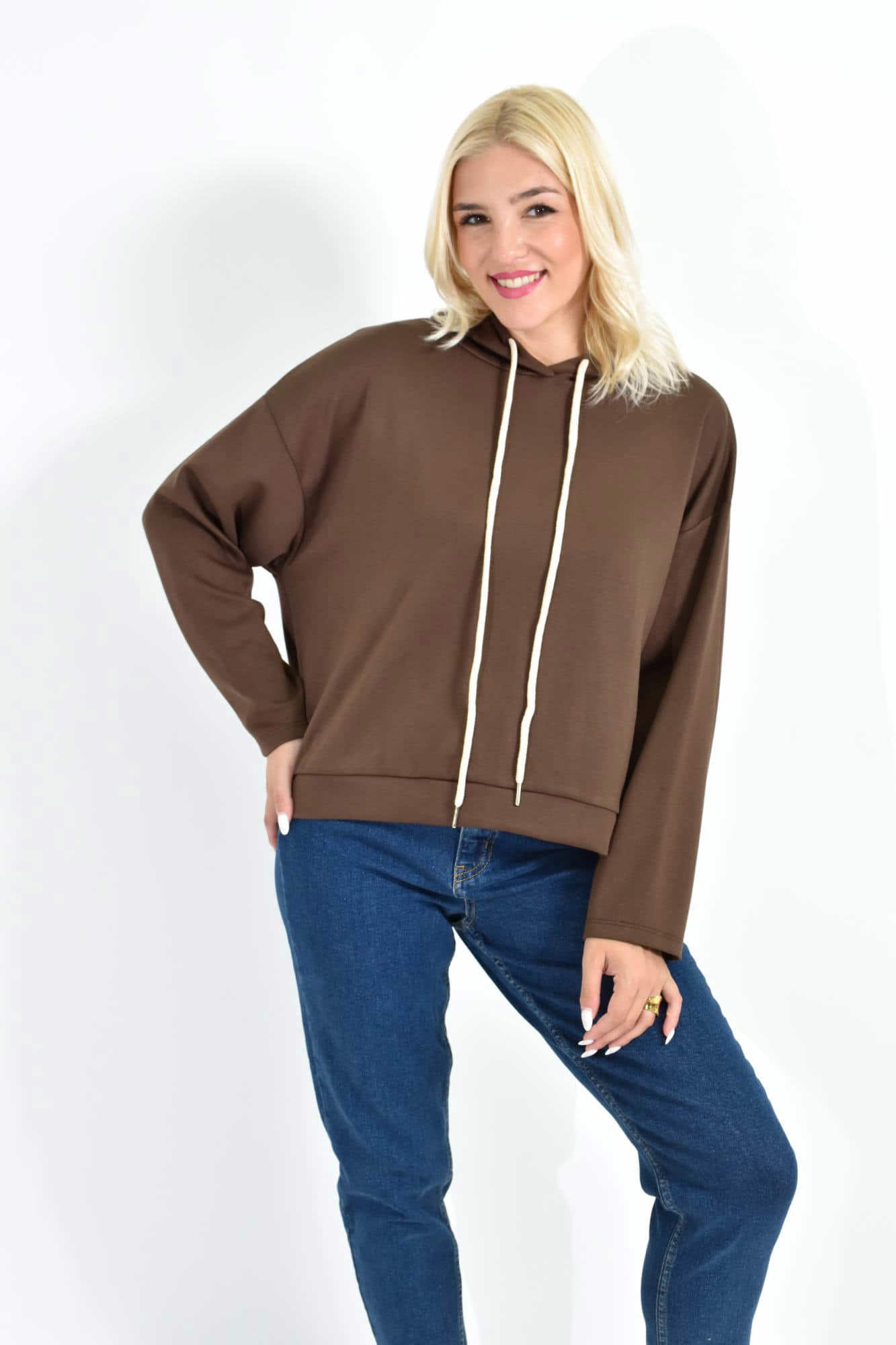 Γυναικείο Cropped Hoodie με εκρού Κορδόνια Καφέ 27083