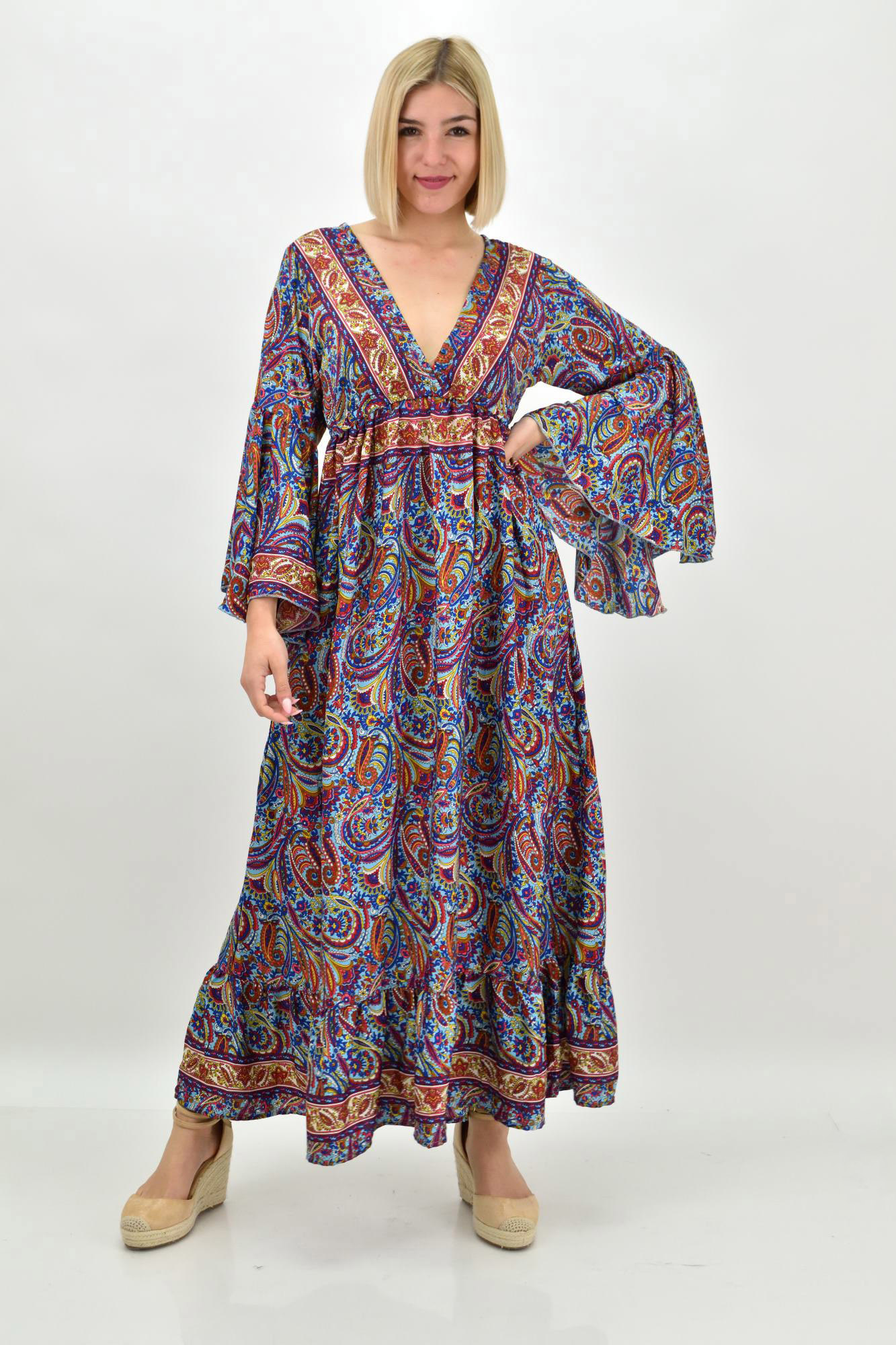 Γυναικείο μεταξωτό boho φόρεμα με τσέπες χωρίς ζώνη Μπλε 19693