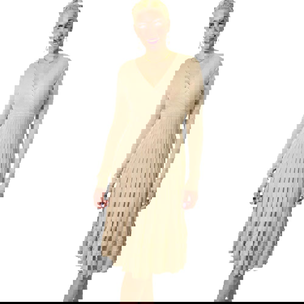 Γυναικείο πλεκτό φόρεμα κρουαζέ midi Μπεζ 22539