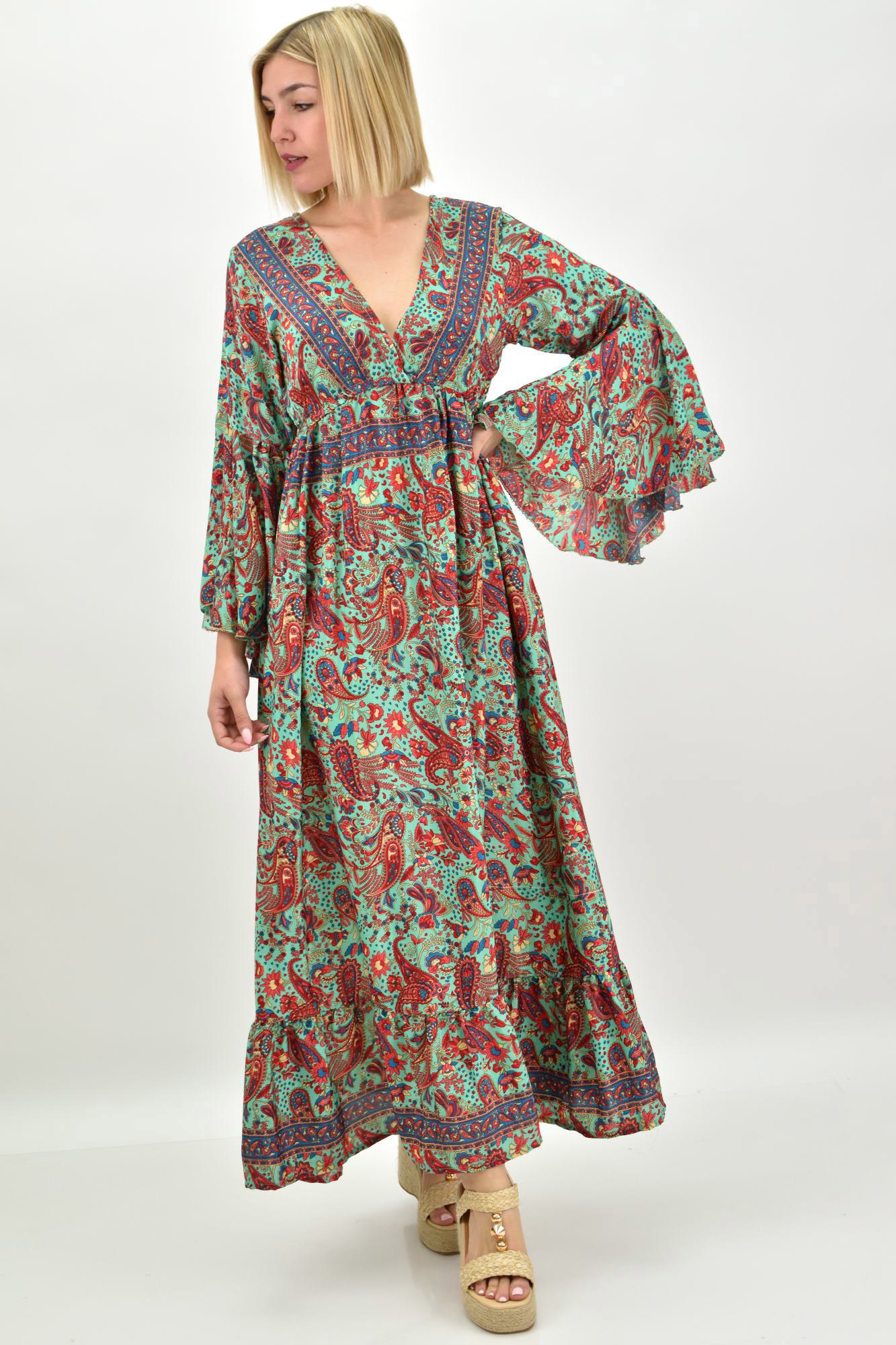 Γυναικείο μεταξωτό boho φόρεμα με τσέπες χωρίς ζώνη Βεραμάν 19695