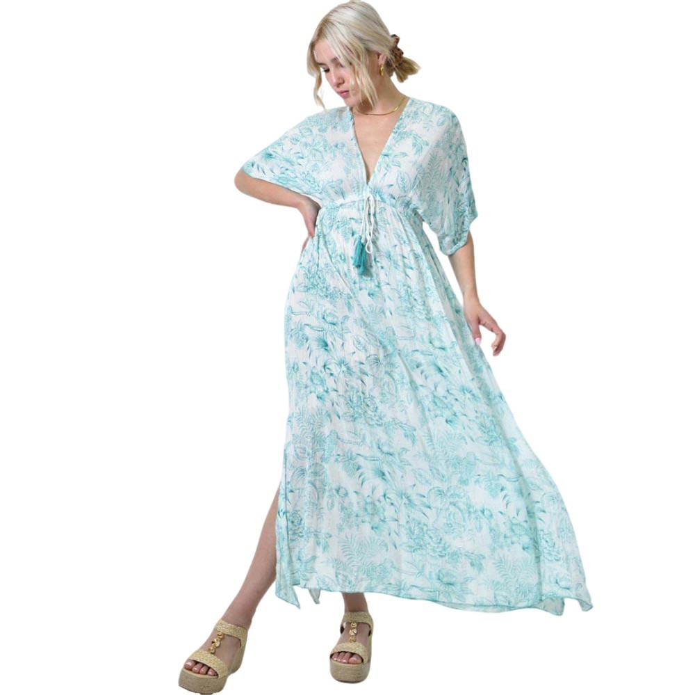 Μακρύ φλοράλ φόρεμα με κορδόνια Γαλάζιο 24533