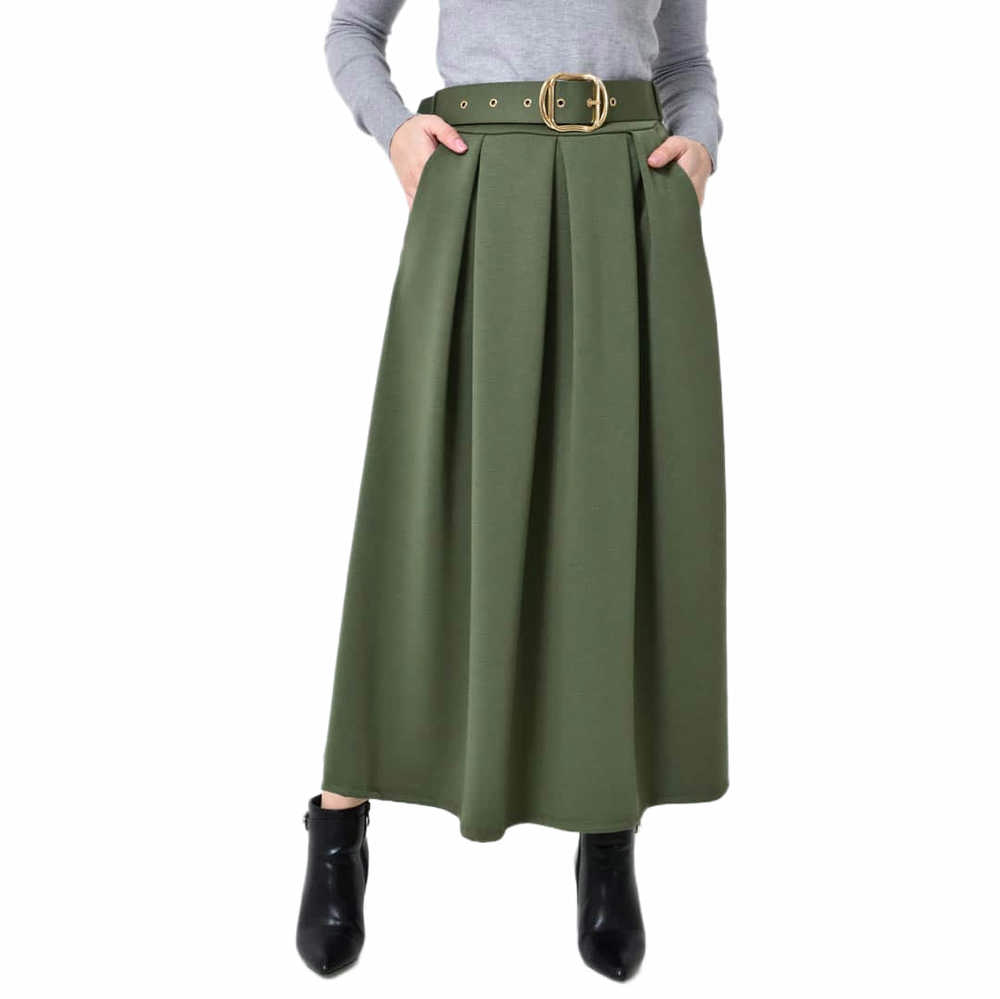 Ψηλόμεση Midi Φούστα με Πιέτες & Ζώνη Χακί 27275