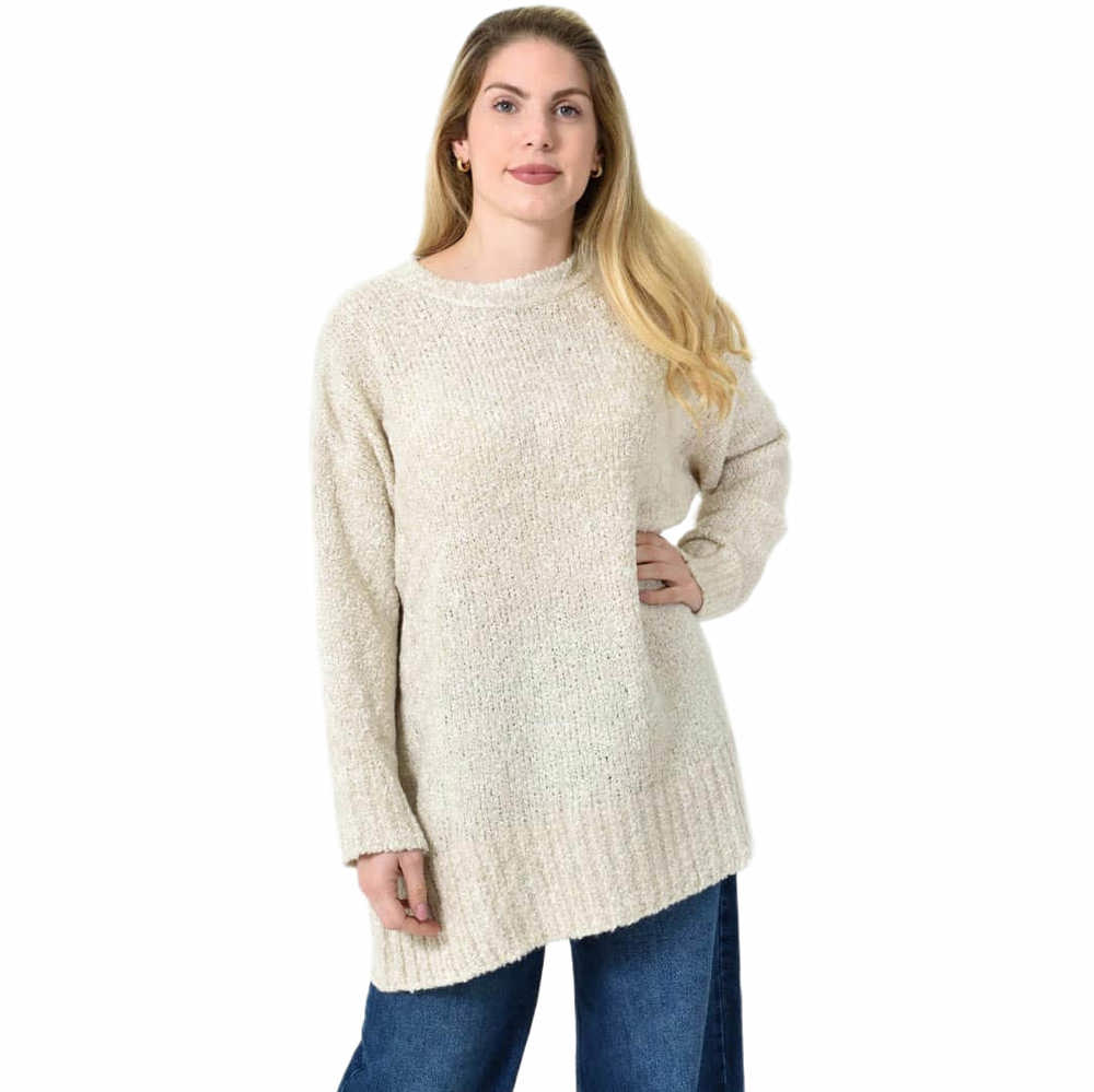 Oversized Πλεκτή Μπλούζα με Στρογγυλή Λαιμόκοψη & Ριμπ Λεπτομέρειες Εκρού 27291