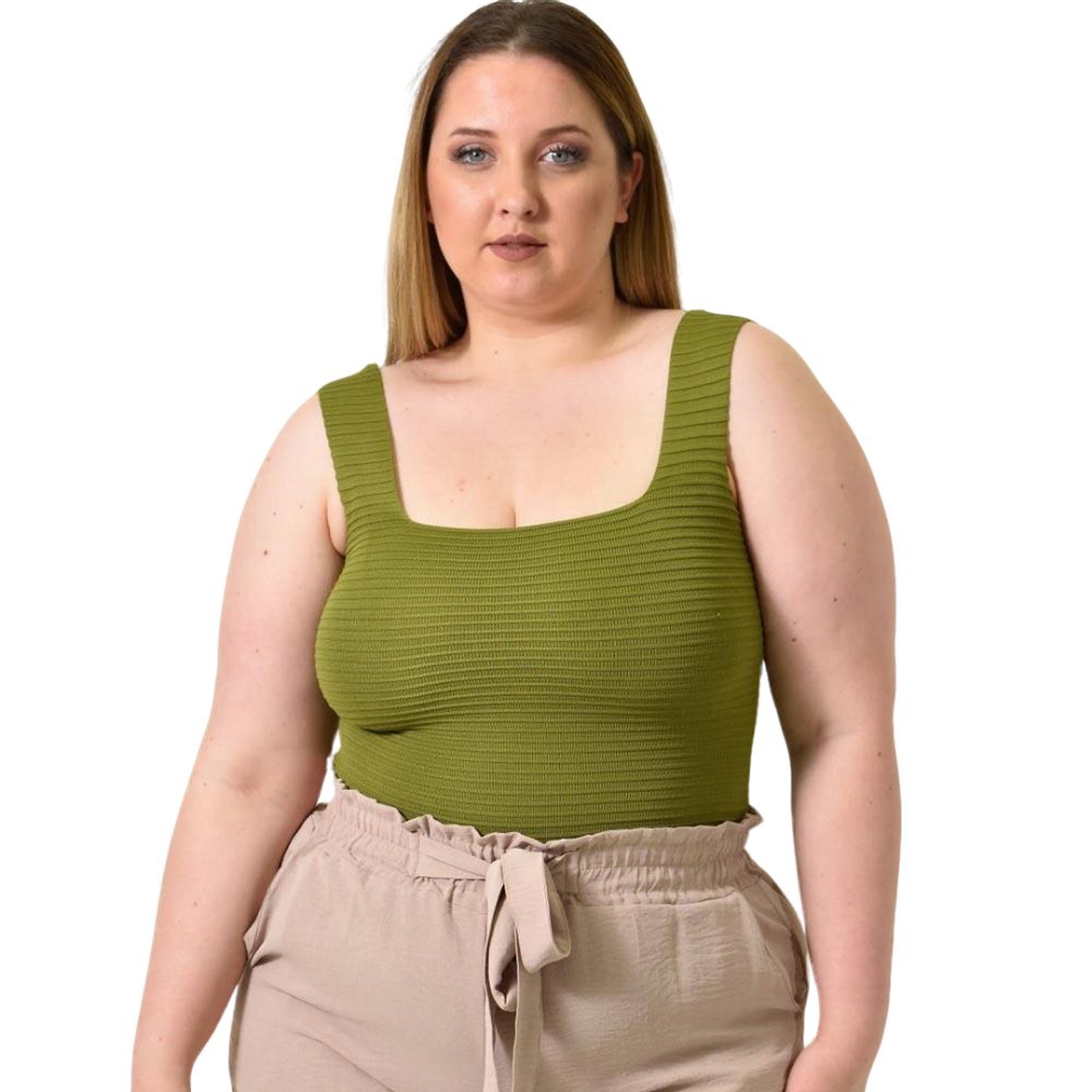 Γυναικείο Plus Size τοπ αμάνικο με ανάγλυφο σχέδιο Λαδί 24388