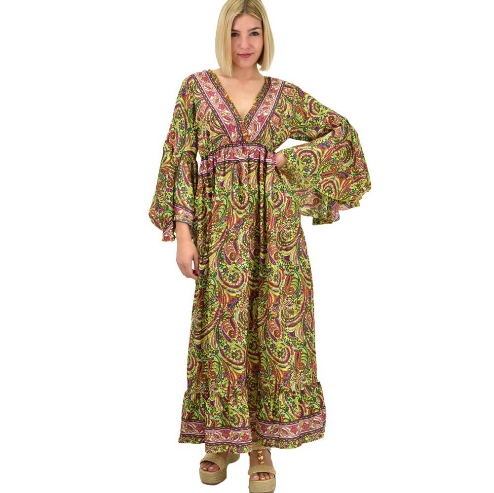 Γυναικείο μεταξωτό boho φόρεμα με τσέπες χωρίς ζώνη Λαχανί 19686