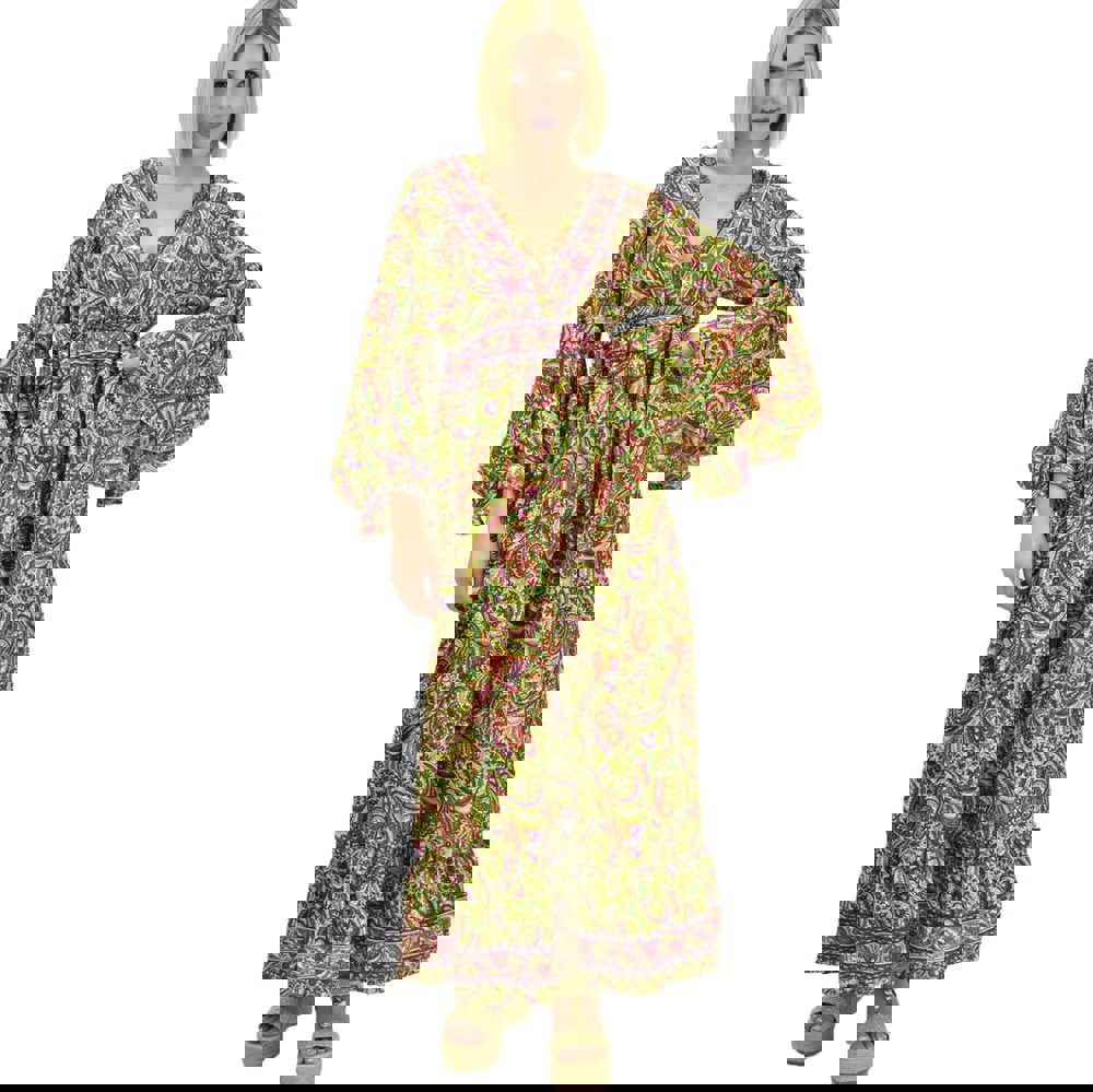 Γυναικείο μεταξωτό boho φόρεμα με τσέπες χωρίς ζώνη Λαχανί 19686