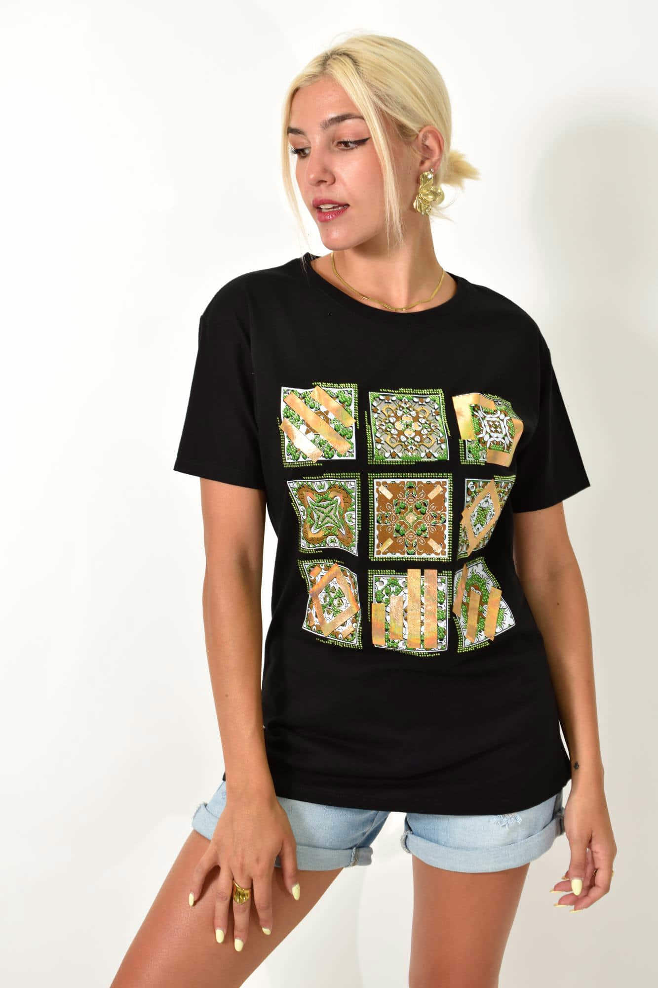 Γυναικείο T-shirt με τύπωμα και στρας Μαύρο 25513
