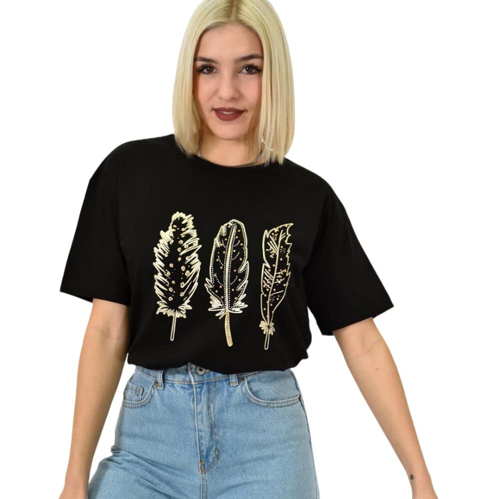 Γυναικείο T-shirt με σχέδιο φτερά Μαύρο 23148