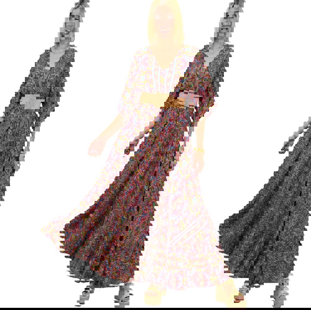 Γυναικείο μεταξωτό boho φόρεμα με κρόσια Μπορντώ 20531