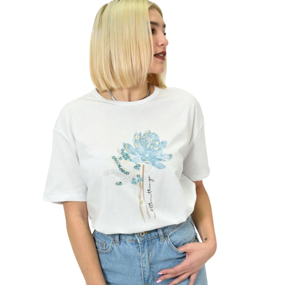 Γυναικείο T-shirt με σχέδιο και στρας λουλούδι Λευκό 23194