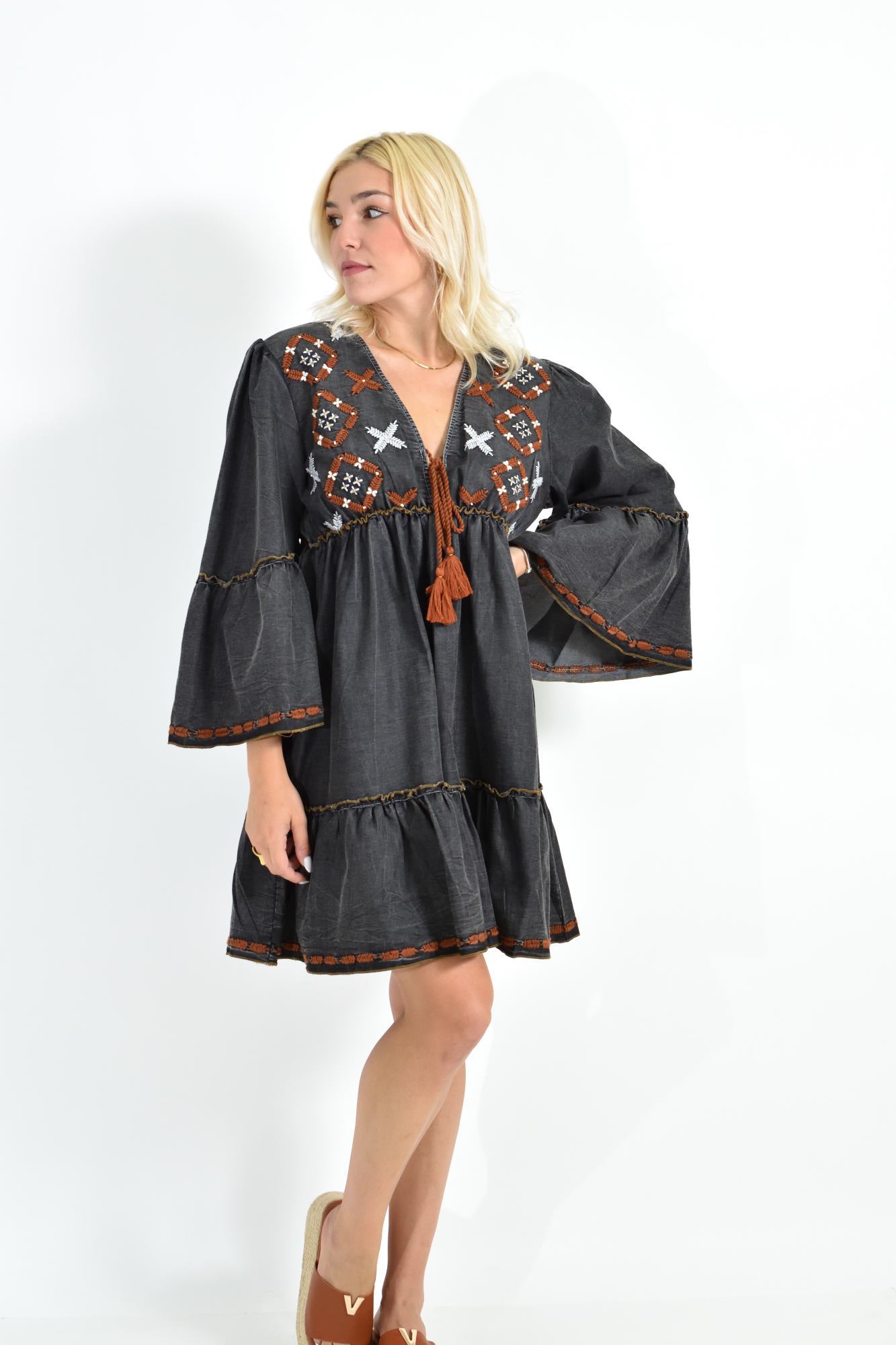 Μαύρο Mini Φόρεμα Folk Style με Κεντήματα & Καμπάνα Μανίκια Μαύρο 26648