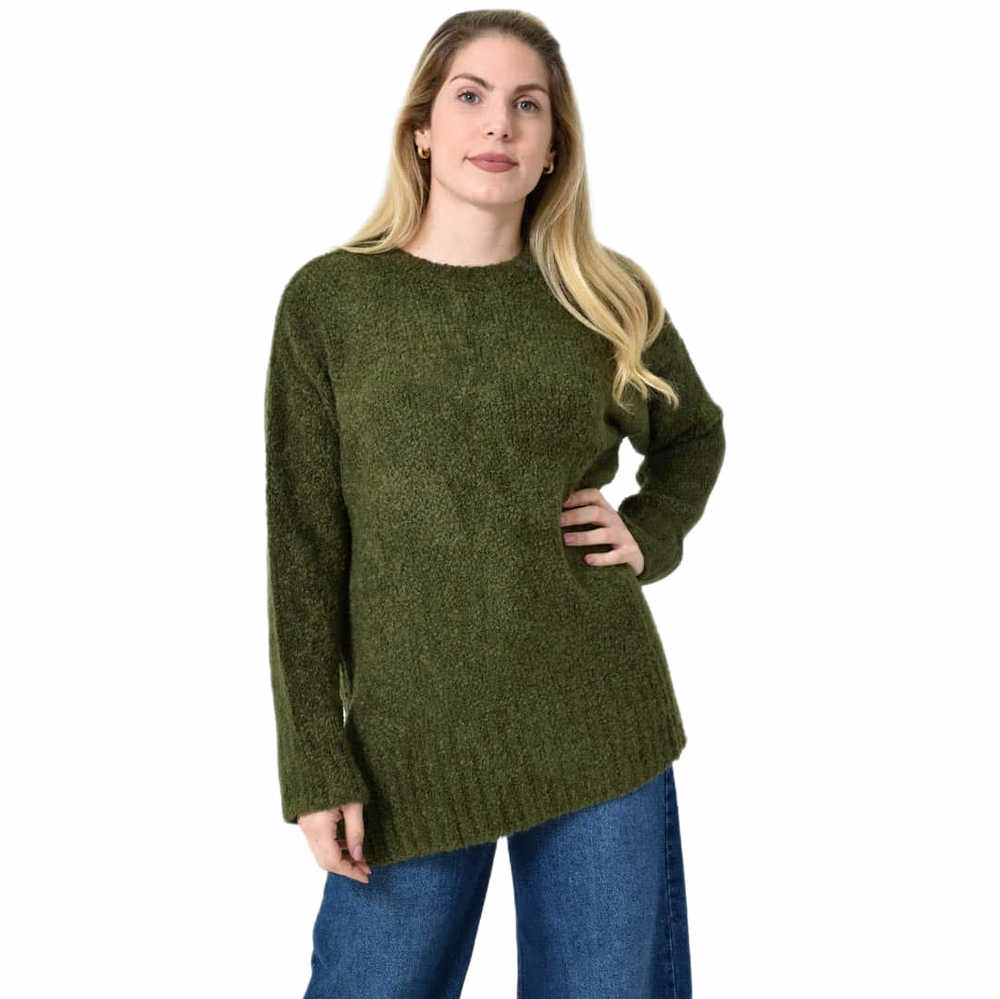 Oversized Πλεκτή Μπλούζα με Στρογγυλή Λαιμόκοψη & Ριμπ Λεπτομέρειες Χακί 27305