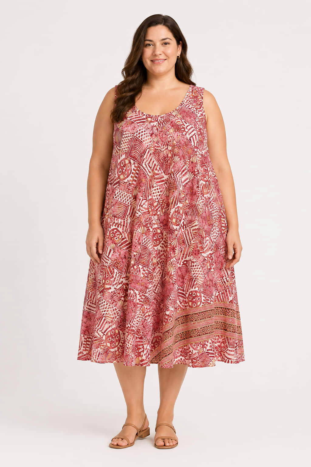 Plus Size Midi Φόρεμα με Γεωμετρικό Μοτίβο Κόκκινο 27361