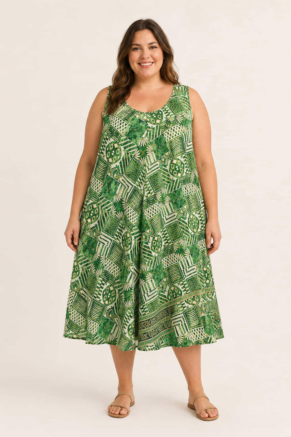 Plus Size Midi Φόρεμα με Γεωμετρικό Μοτίβο Πράσινο 27360