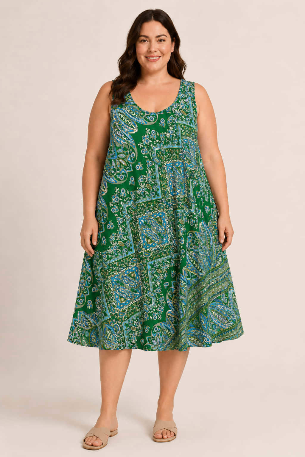 Plus Size Midi Φόρεμα με Λαχούρι Μοτίβο Πράσινο 27352