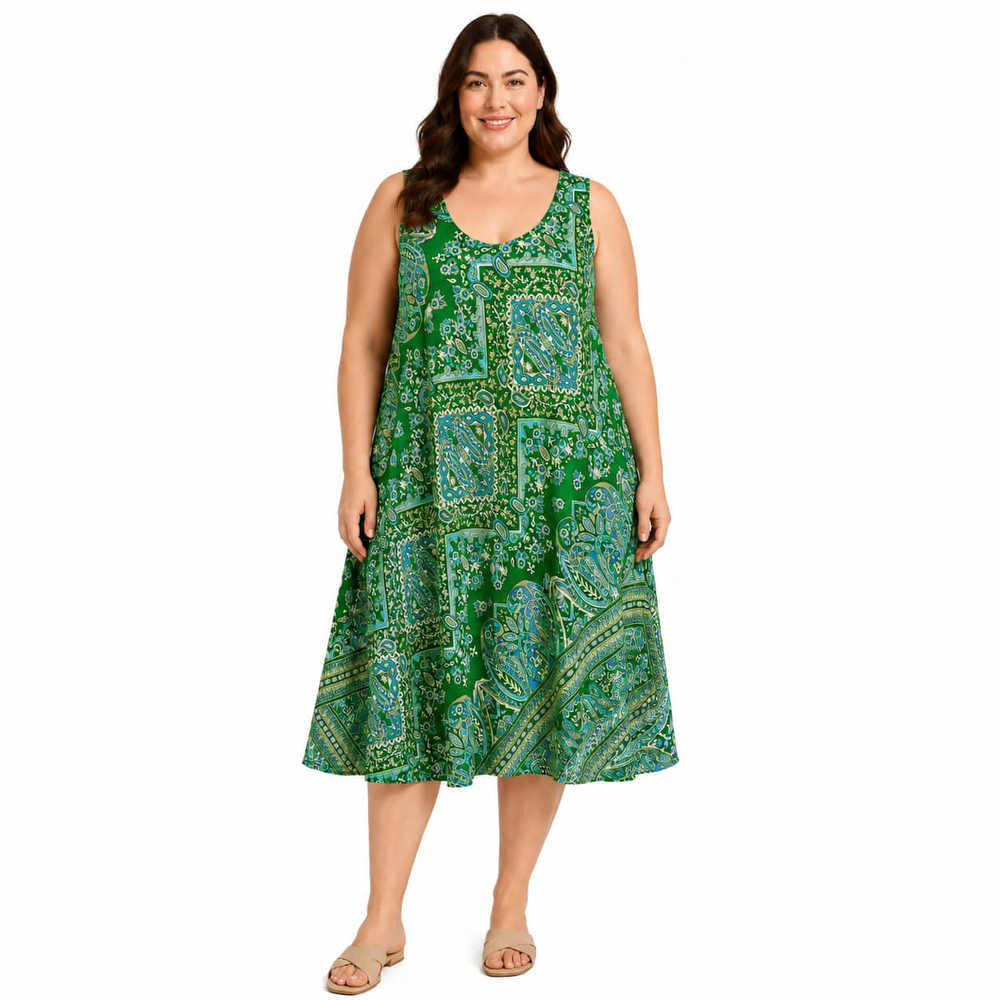 Plus Size Midi Φόρεμα με Λαχούρι Μοτίβο Πράσινο 27352