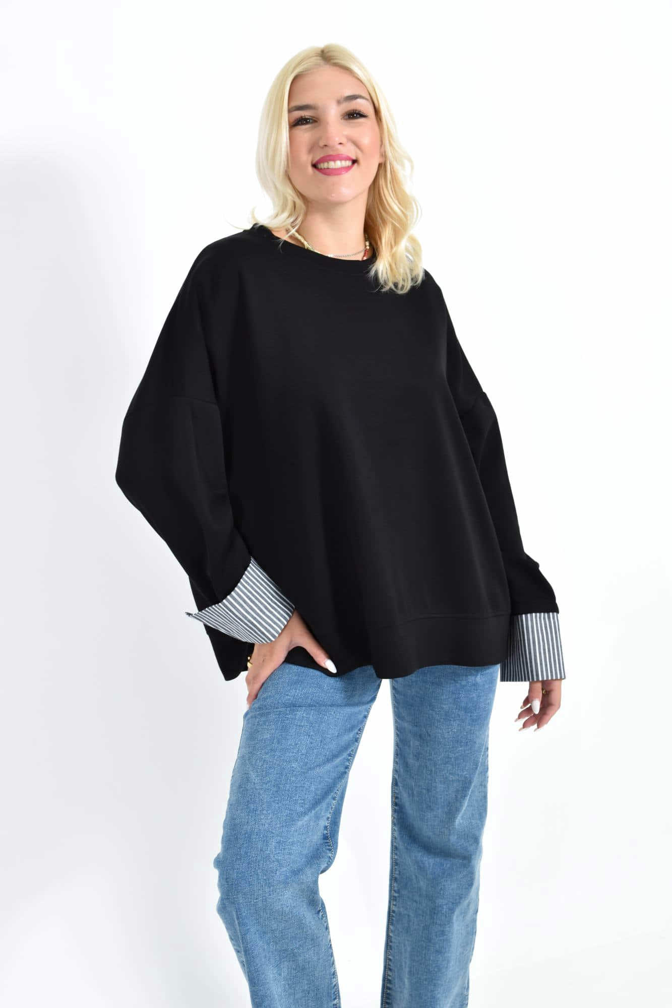 Γυναικεία Μαύρη Oversized Μπλούζα με Ρεβέρ Πουκαμίσου Μαύρο 27059