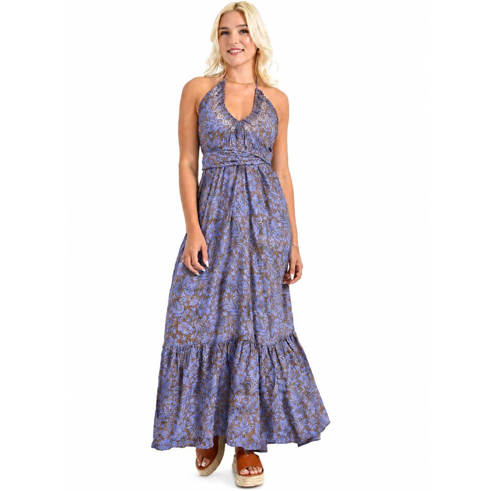 Boho Maxi Φόρεμα με Δέσιμο στον Λαιμό & Ανοιχτή Πλάτη Λιλά 27401