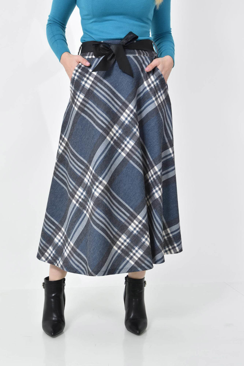 Ψηλόμεση Midi Καρό Φούστα με Τσέπες & Ζώνη Μπλε Σκούρο 27219 φωτογραφία