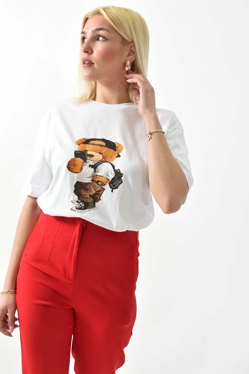 Γυναικείο T-shirt με σχέδιο αρκουδάκι Λευκό 26280 φωτογραφία