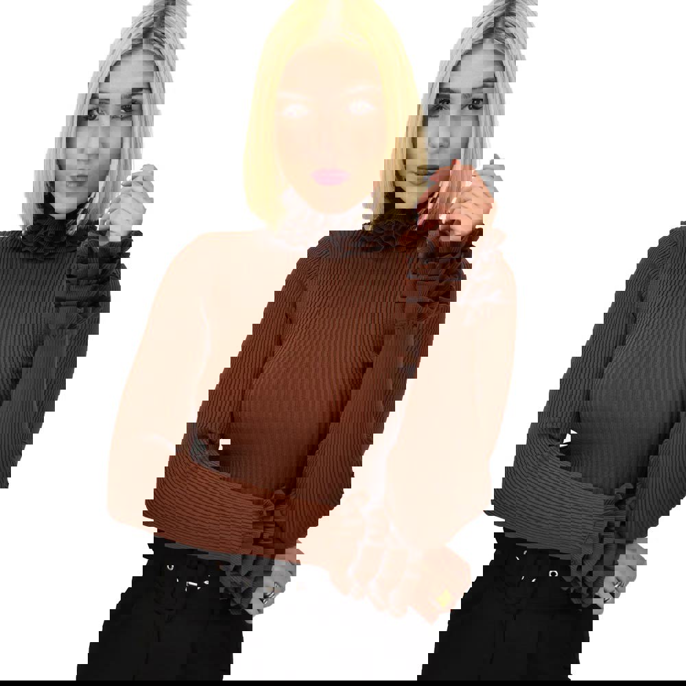 Γυναικείο τοπ με σχέδιο στο λαιμό και στα μανίκια Καφέ 22235