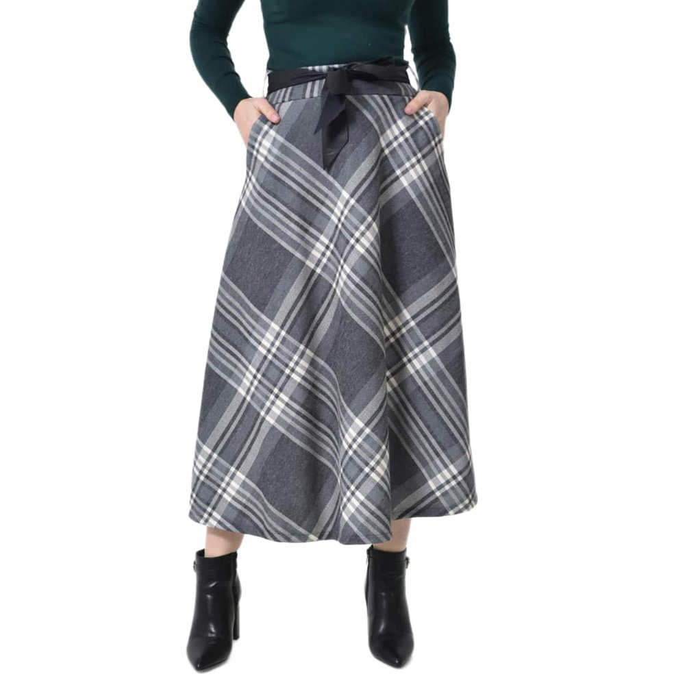 Potre OR Ψηλόμεση Midi Καρό Φούστα με Τσέπες & Ζώνη Γκρι 27217