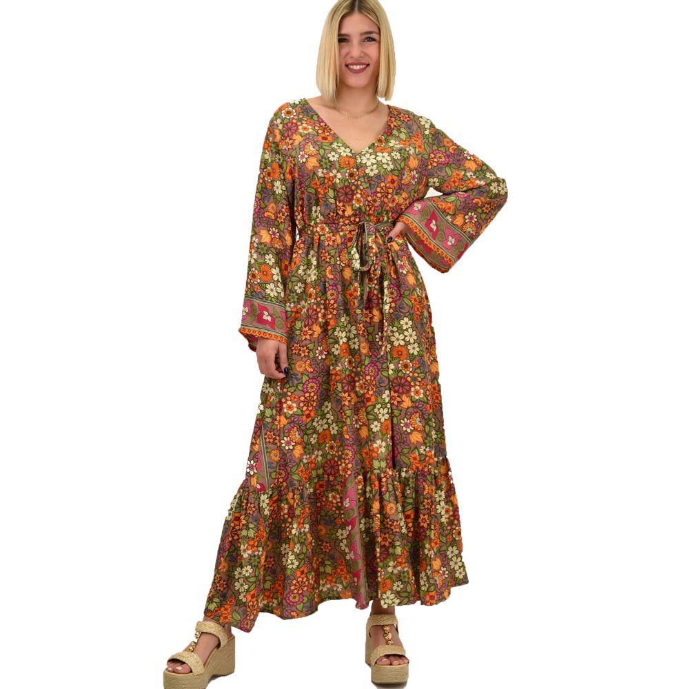 Γυναικείο μεταξωτό boho φόρεμα με ζώνη Πορτοκαλί 20480