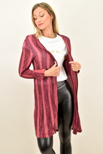  - Μακριά ζακέτα με κάθετες ρίγες και ανοίγματα σε Μπορντώ
