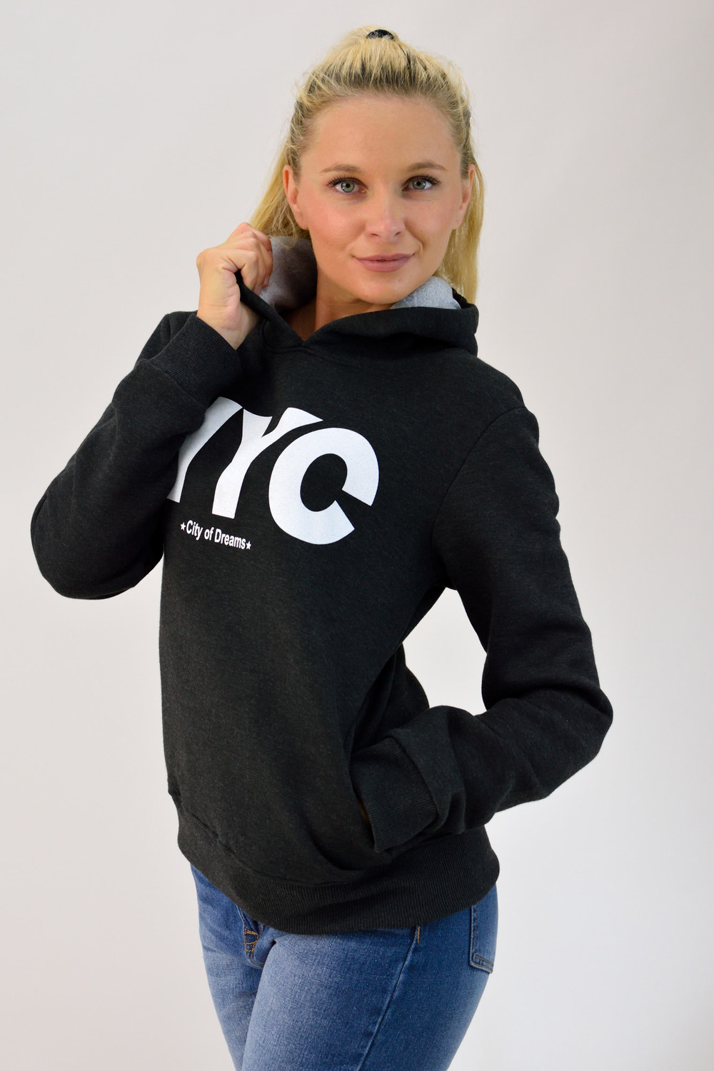 Φούτερ με κουκούλα και τύπωμα 'NYC' Ανθρακί 2165 φωτογραφία