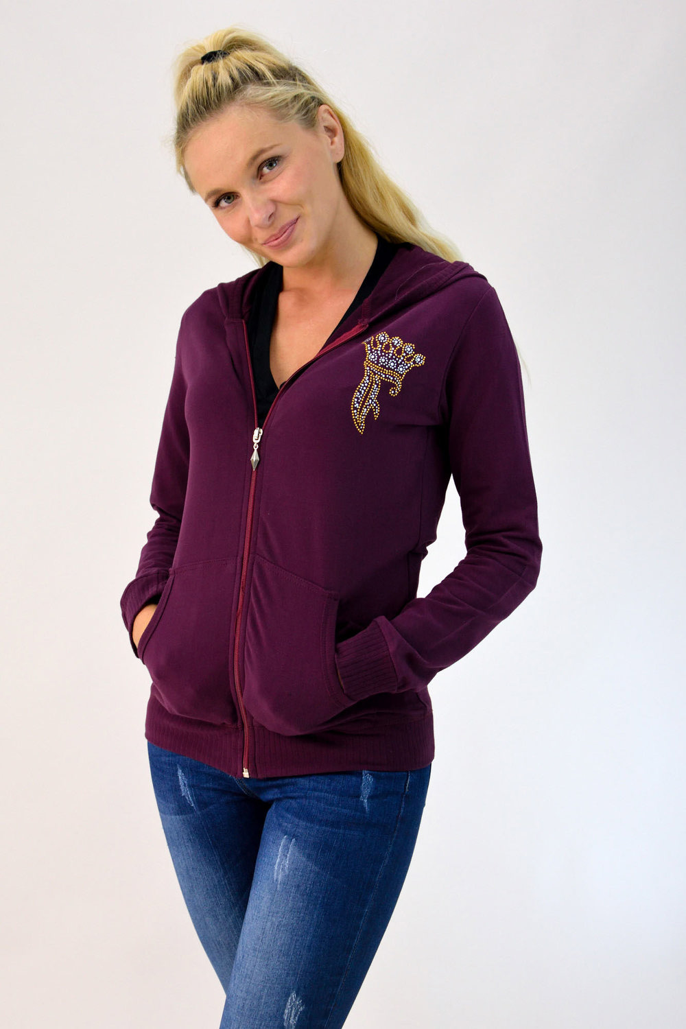 Φούτερ ζακέτα με φερμουάρ και στρας Μπορντώ 1486 φωτογραφία