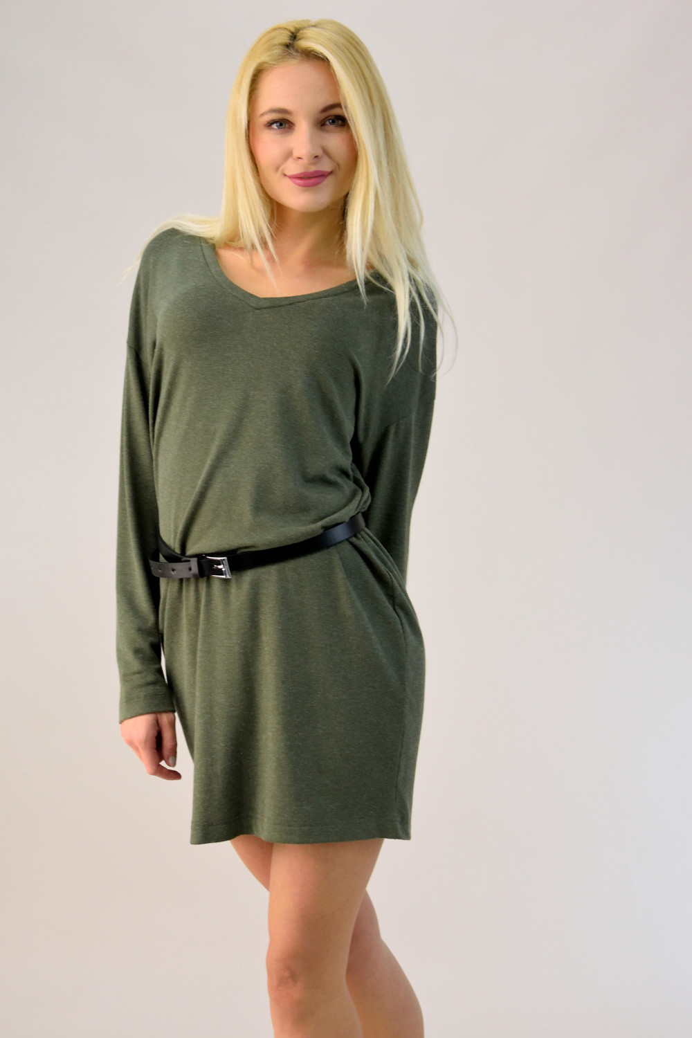 Γυναικείο Κοντό Φόρεμα Μακρυμάνικο με V ντεκολτέ - Ιδανικό για Casual Look Χακί 1653 φωτογραφία