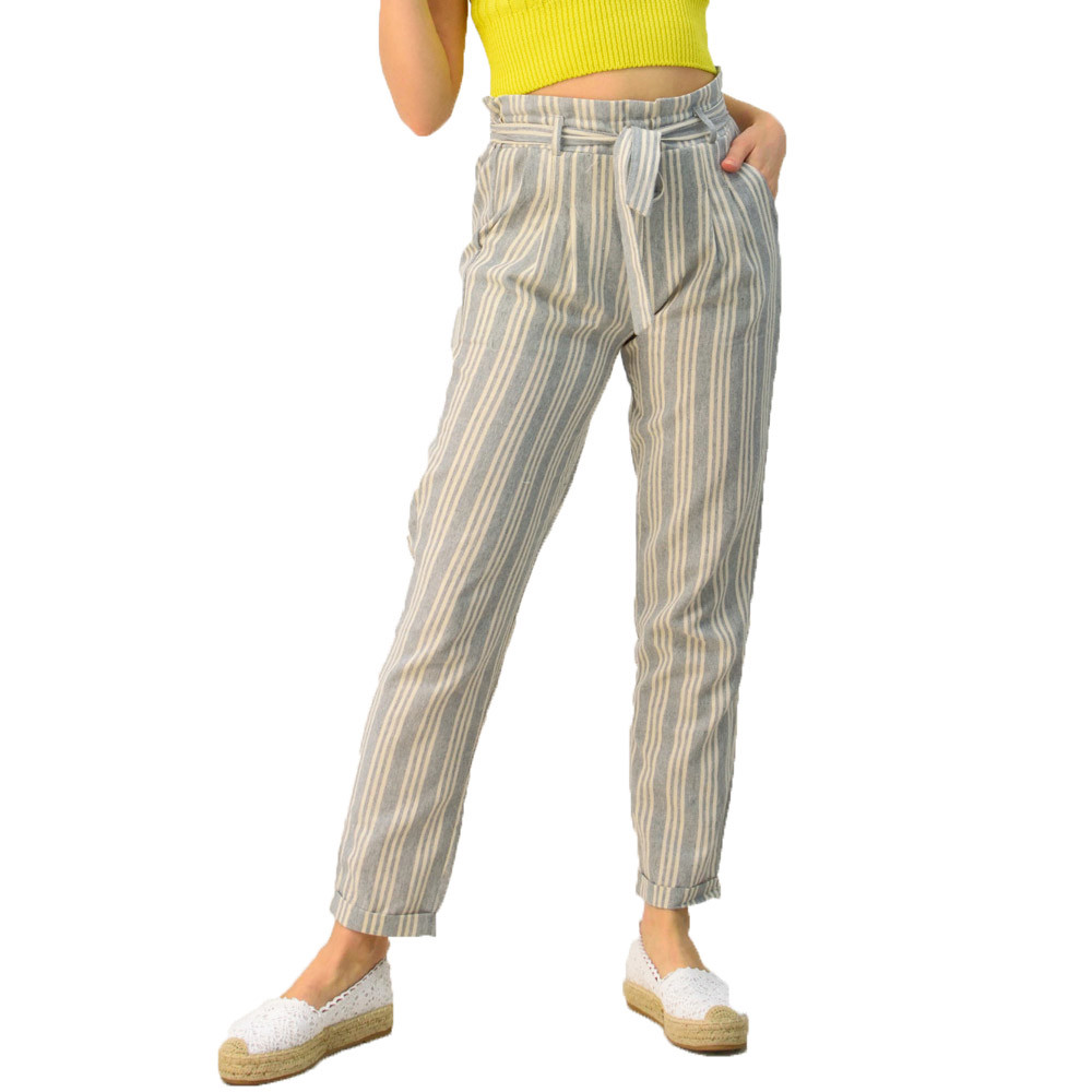 Παντελόνα ριγέ με λινή υφή Λευκό 3161