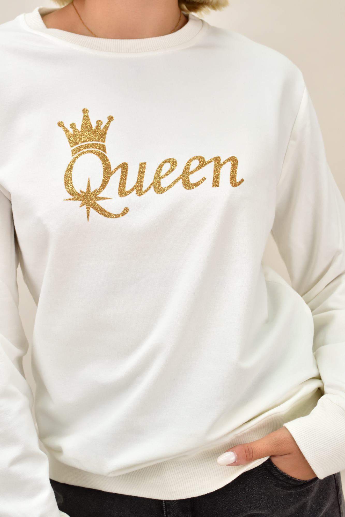 Basic φούτερ με χρυσό τύπωμα QUEEN Λευκό 17610