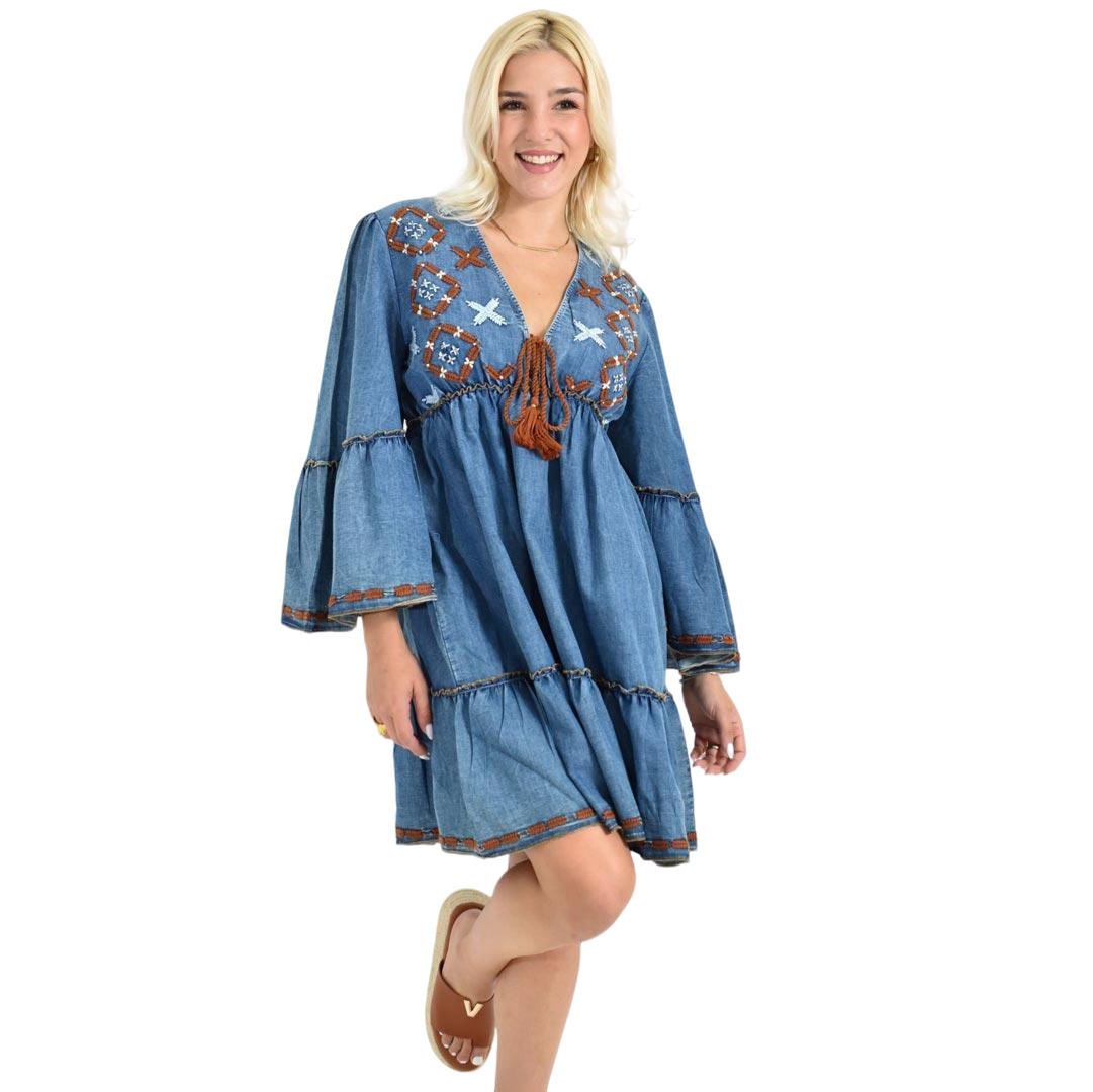 Μαύρο Mini Φόρεμα Folk Style με Κεντήματα & Καμπάνα Μανίκια Μπλε Τζιν 26647