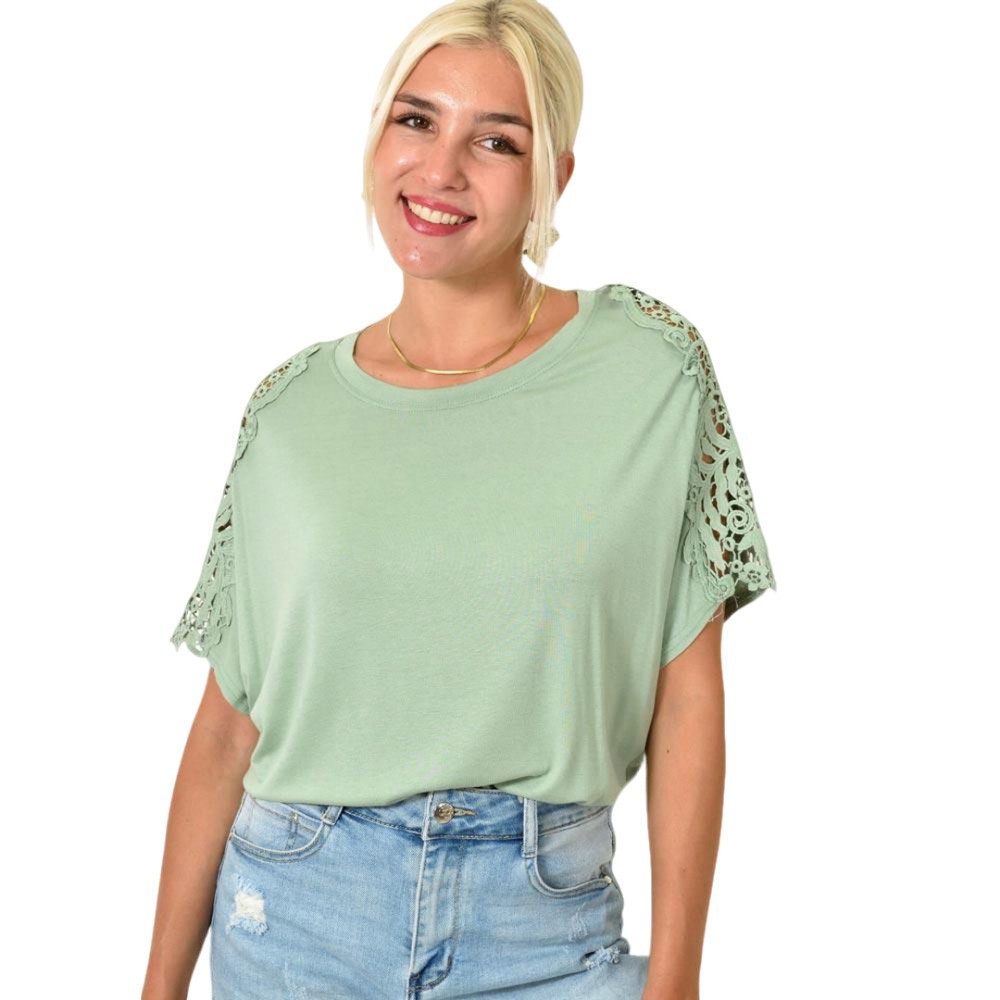 Γυναικεία μπλούζα oversized με δαντέλα Φυστικί 25483
