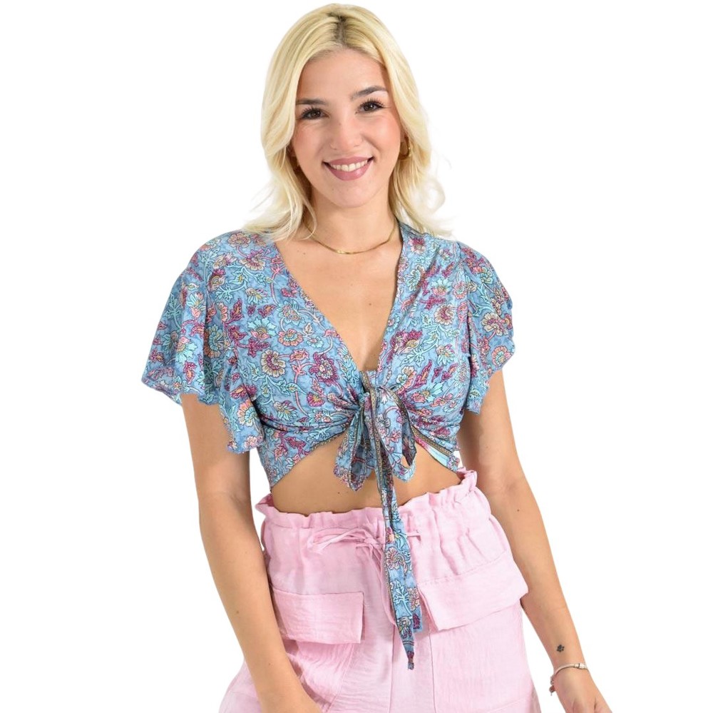 Κοντό Μπλουζάκι Δετό με Μανίκι Πεταλούδα Σιέλ 26600