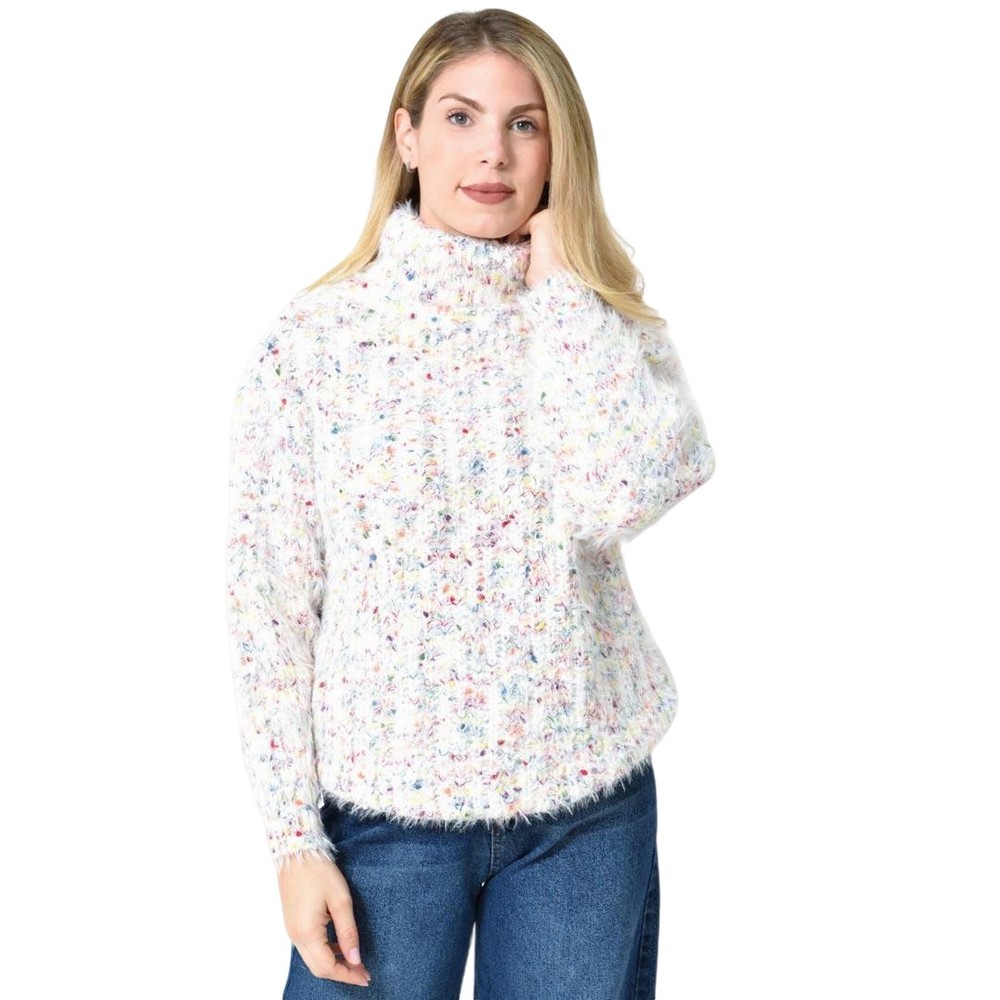 Πλεκτή αφράτη πουλόβερ με ζιβάγκο με πολύχρωμες νηματιές Εκρού 27186