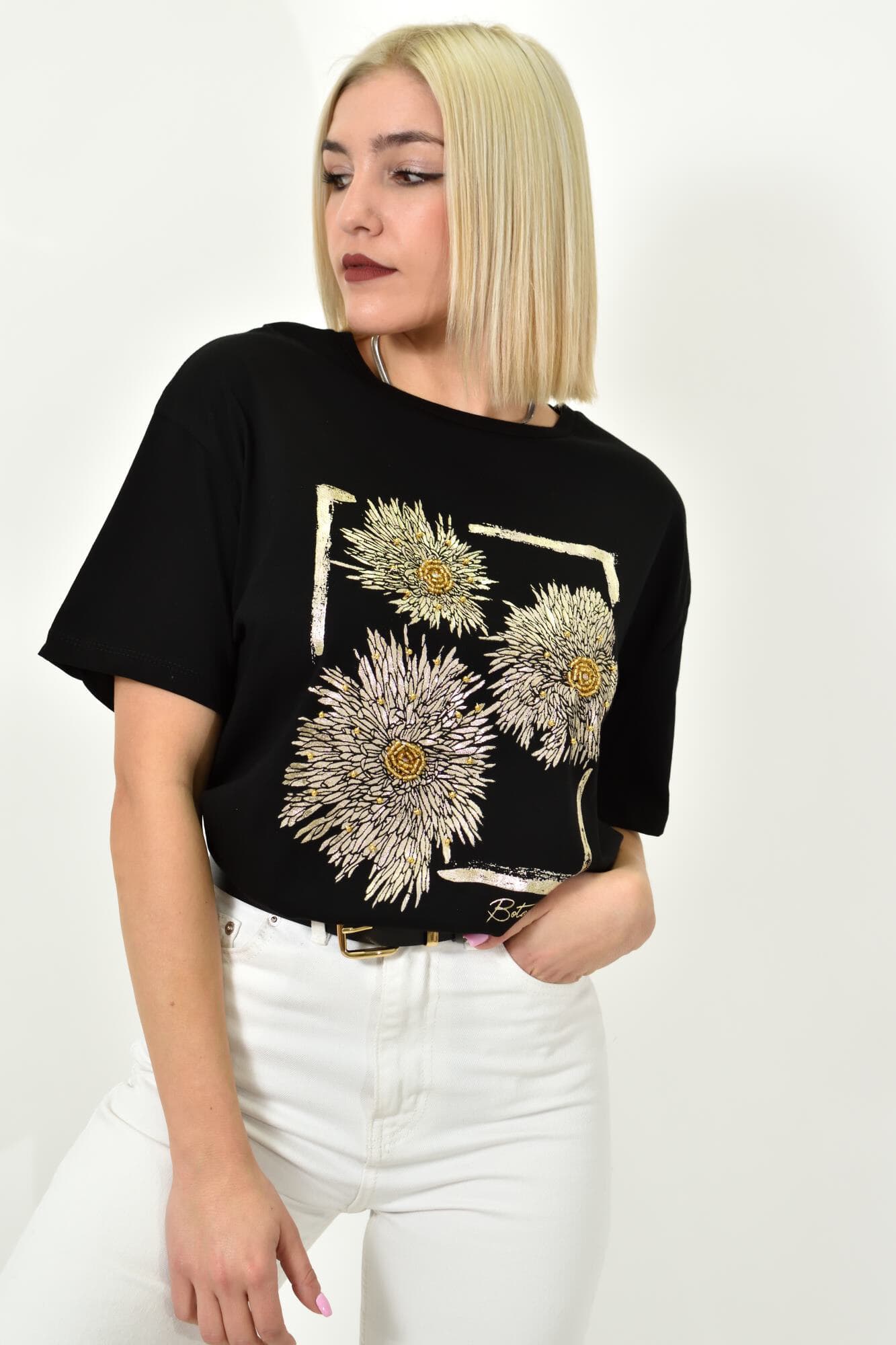 Γυναικείο T-shirt με σχέδιο λουλούδια Μαύρο 23136
