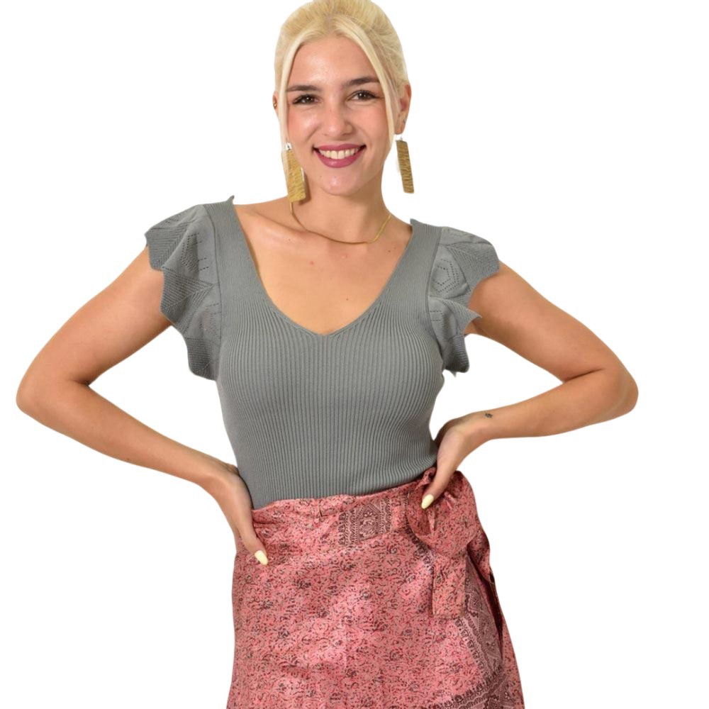 Γυναικείο τοπ με σχέδιο στο μανίκι Ανθρακί 25244