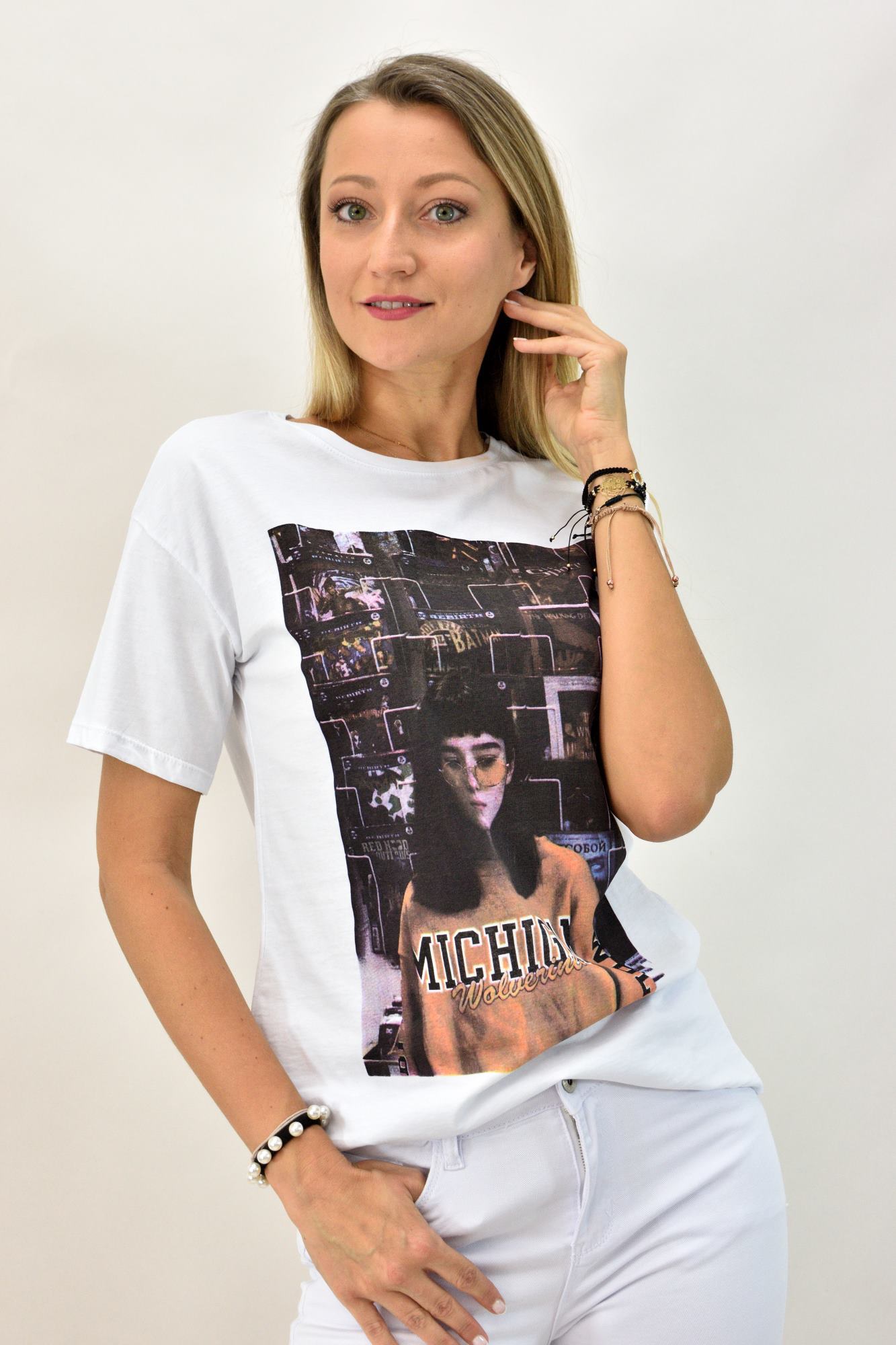 Γυναικείο t-shirt oversized με τύπωμα Λευκό 7346