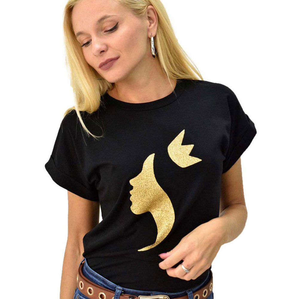 T-shirt με τύπωμα πρόσωπο και στέμμα Μαύρο 8095