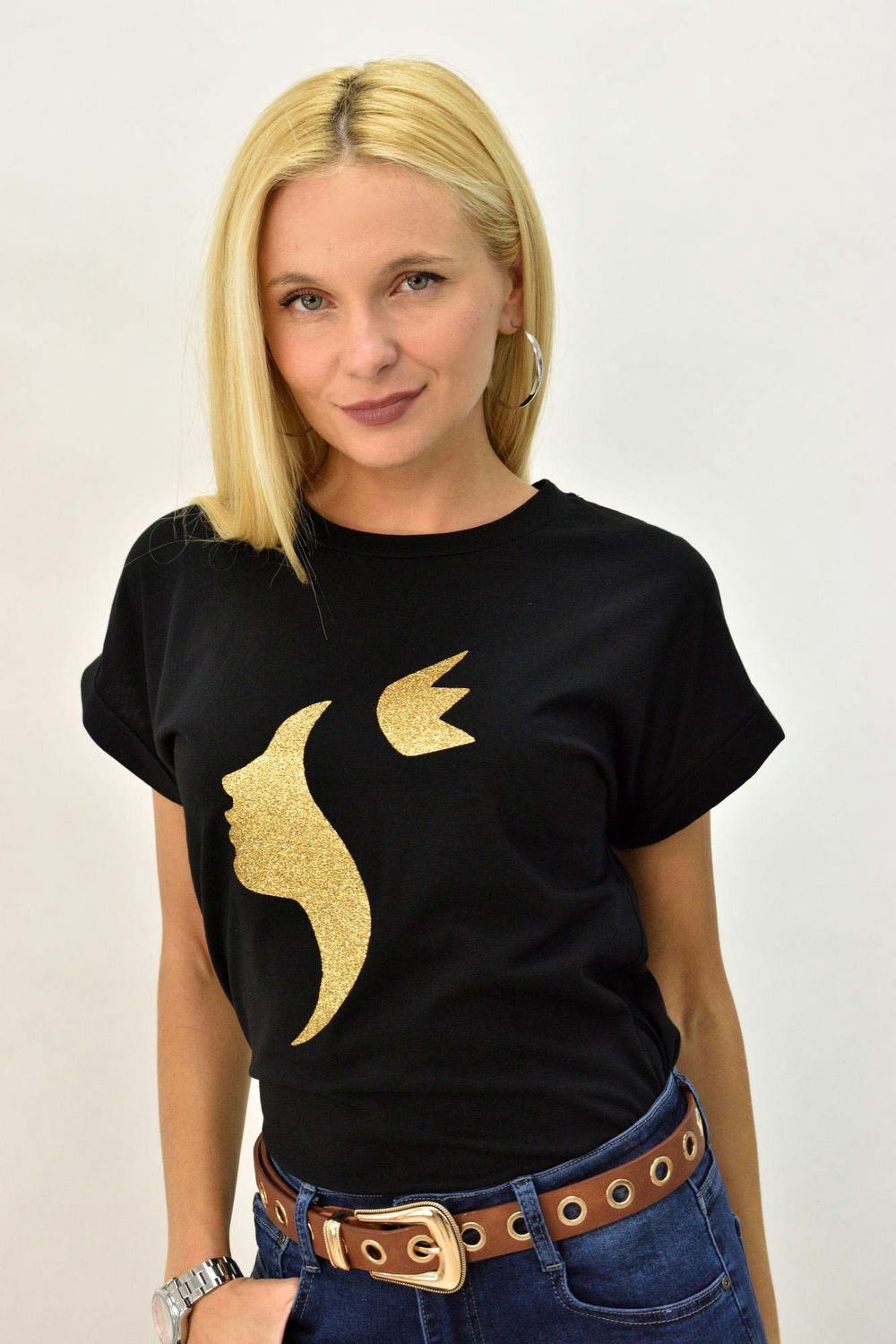 T-shirt με τύπωμα πρόσωπο και στέμμα Μαύρο 8095 φωτογραφία