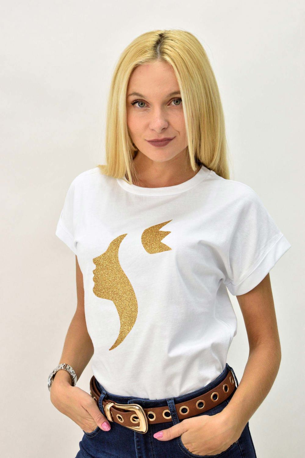 T-shirt με τύπωμα πρόσωπο και στέμμα Λευκό 8094 φωτογραφία