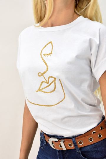  - Γυναικείο T-shirt με Χρυσό Glitter Τύπωμα σε Λευκό