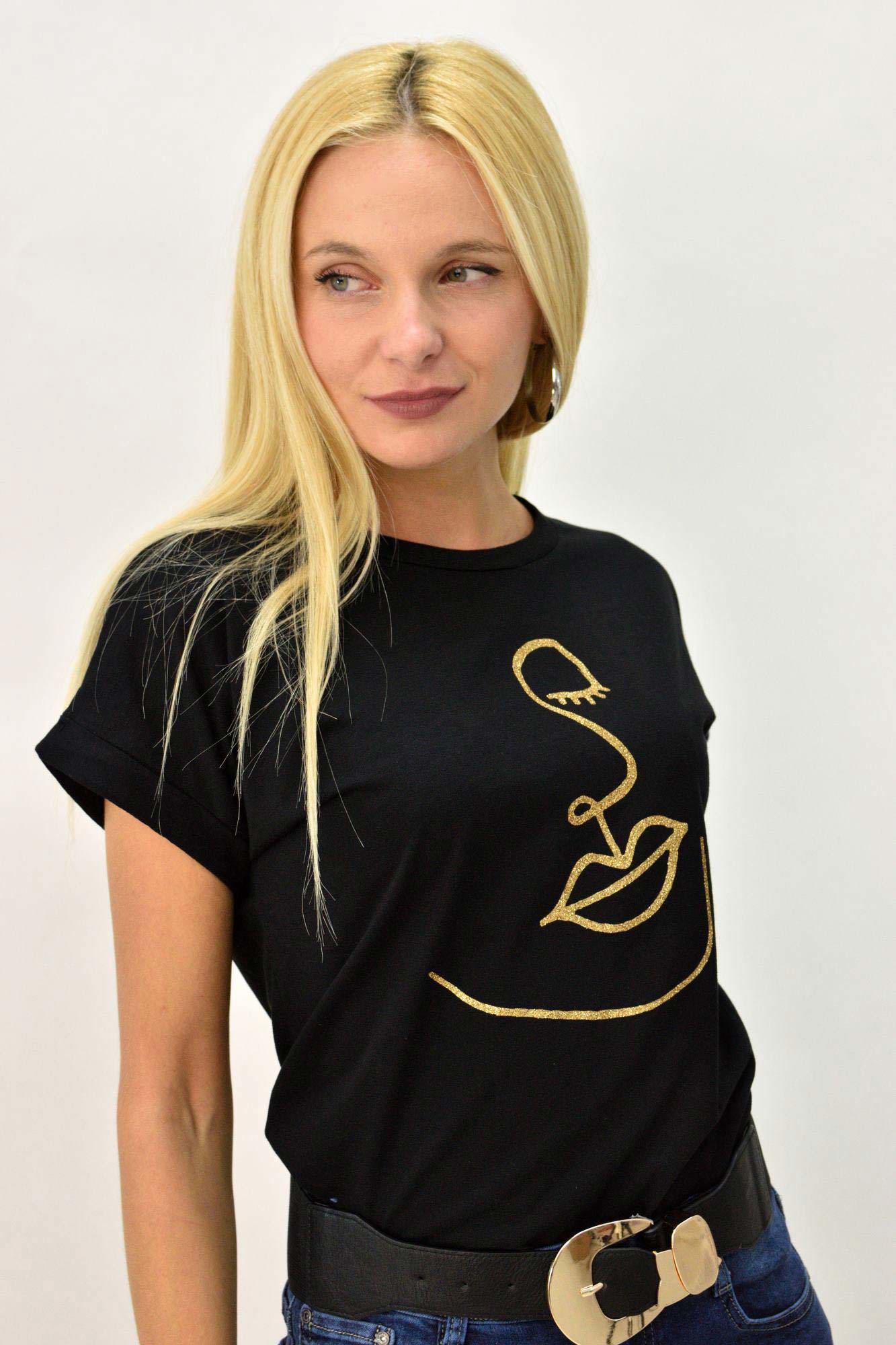 T-shirt με τύπωμα πρόσωπο Μαύρο 8099
