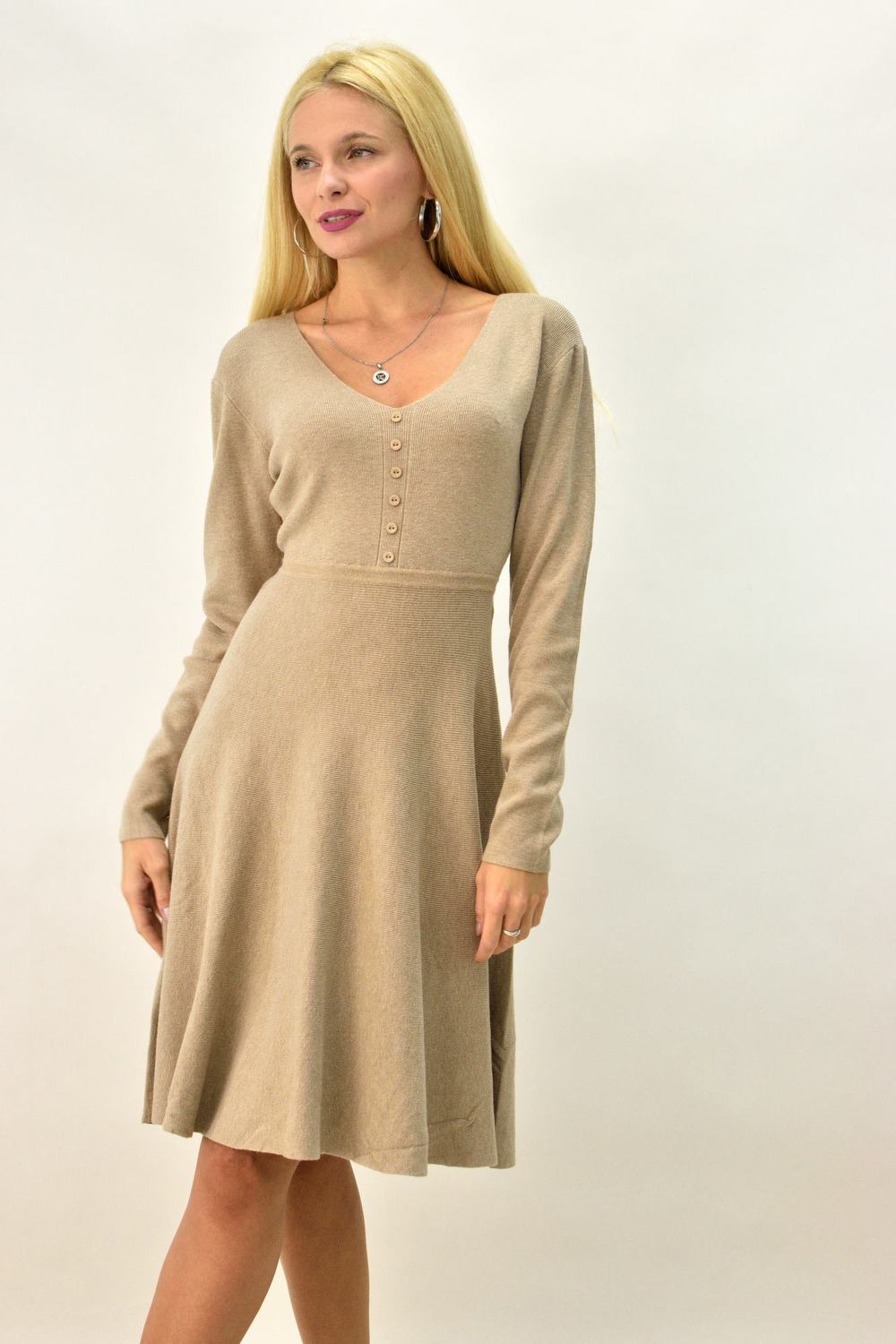 Γυναικείο φόρεμα μίντι με διακοσμητικά κουμπιά Μπεζ 7927 φωτογραφία