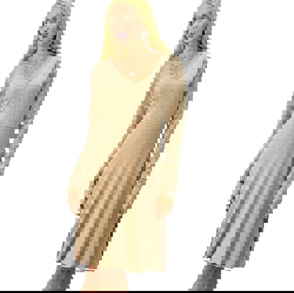 Γυναικείο φόρεμα μίντι με διακοσμητικά κουμπιά Μπεζ 7927