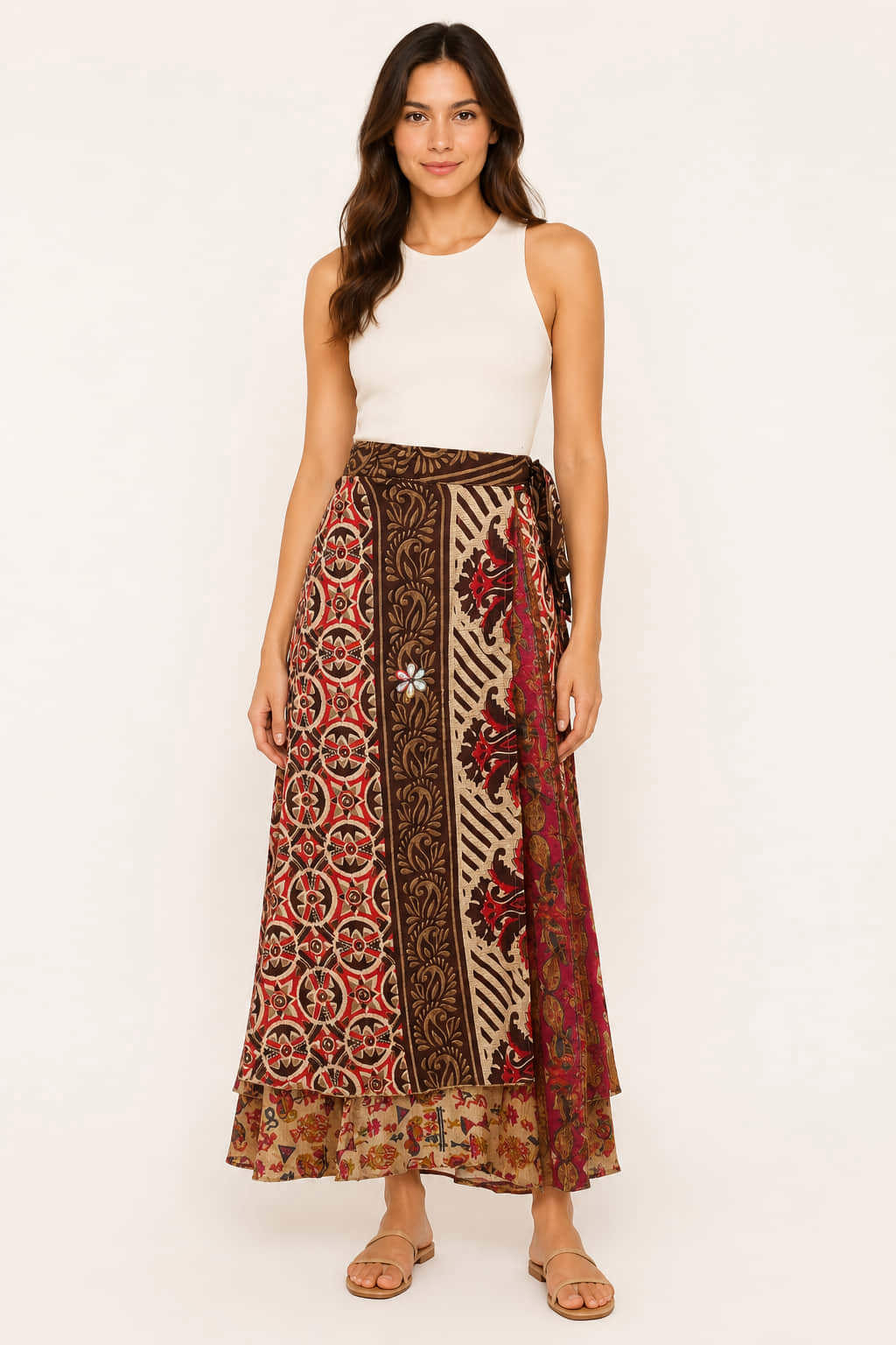 Μακριά Φούστα Boho με Εμπριμέ Σχέδια Μπεζ 27444